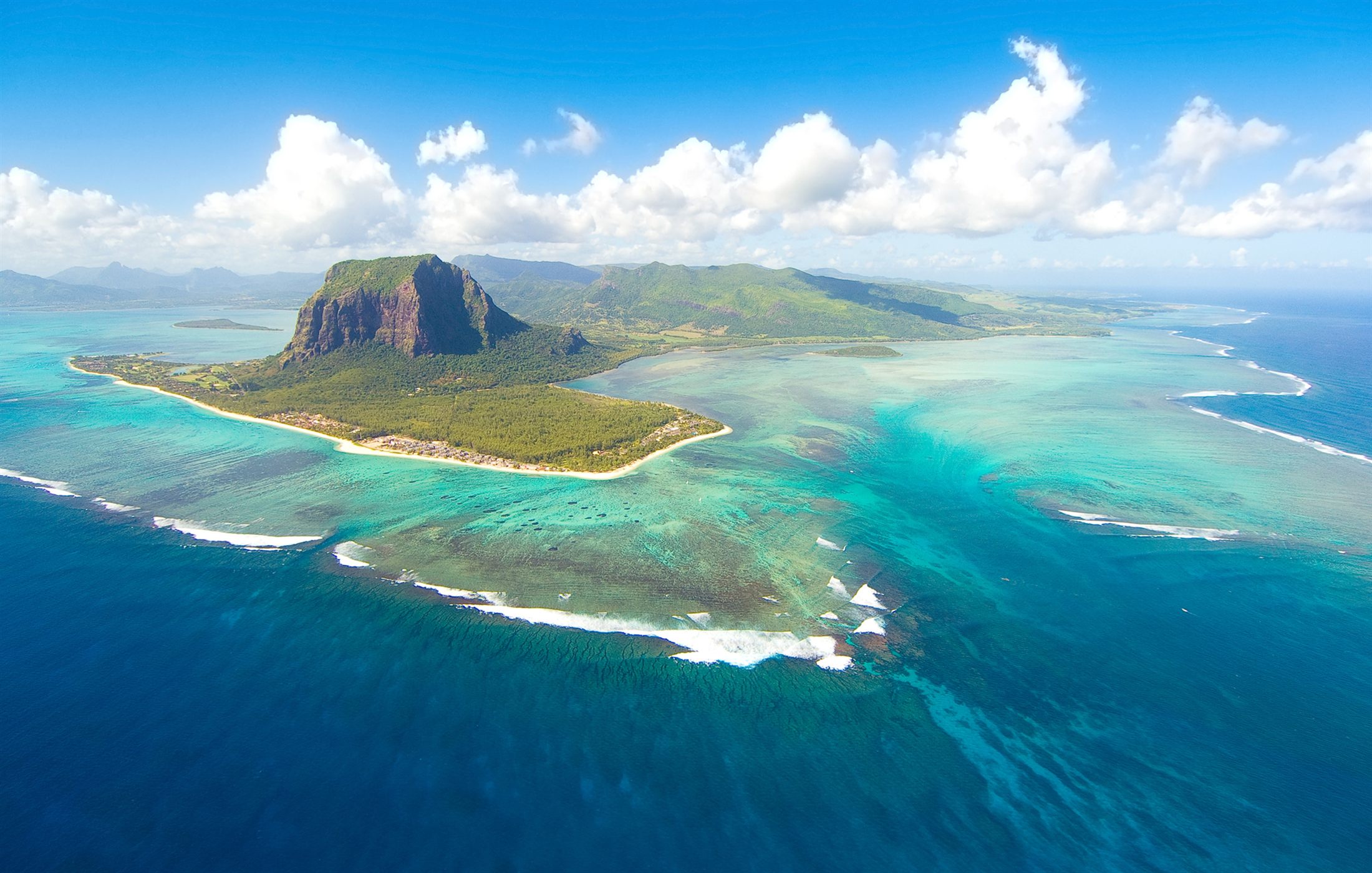 Aerial view of the coast and lagoon at Le Morne, Mauritius