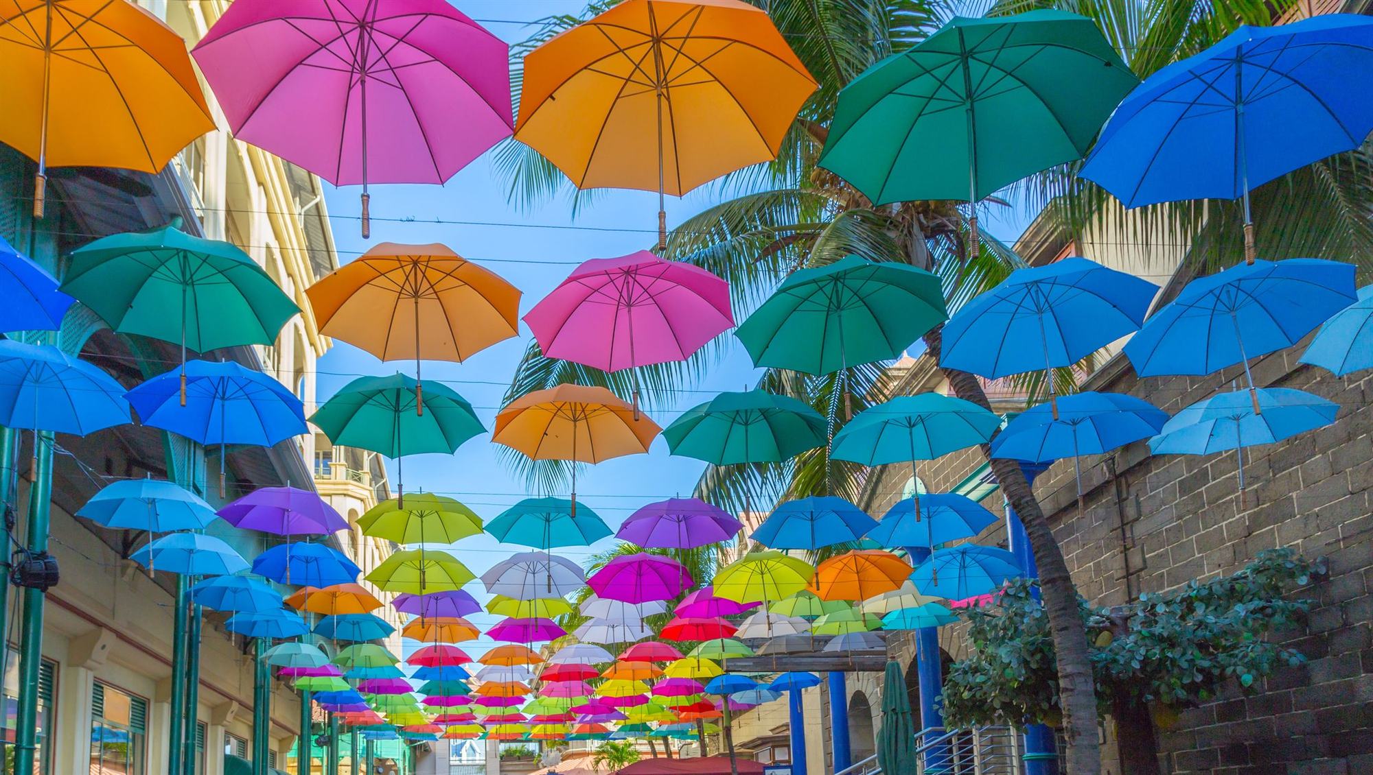 Colourful umbrellas above a street in Port Louis, Mauritius