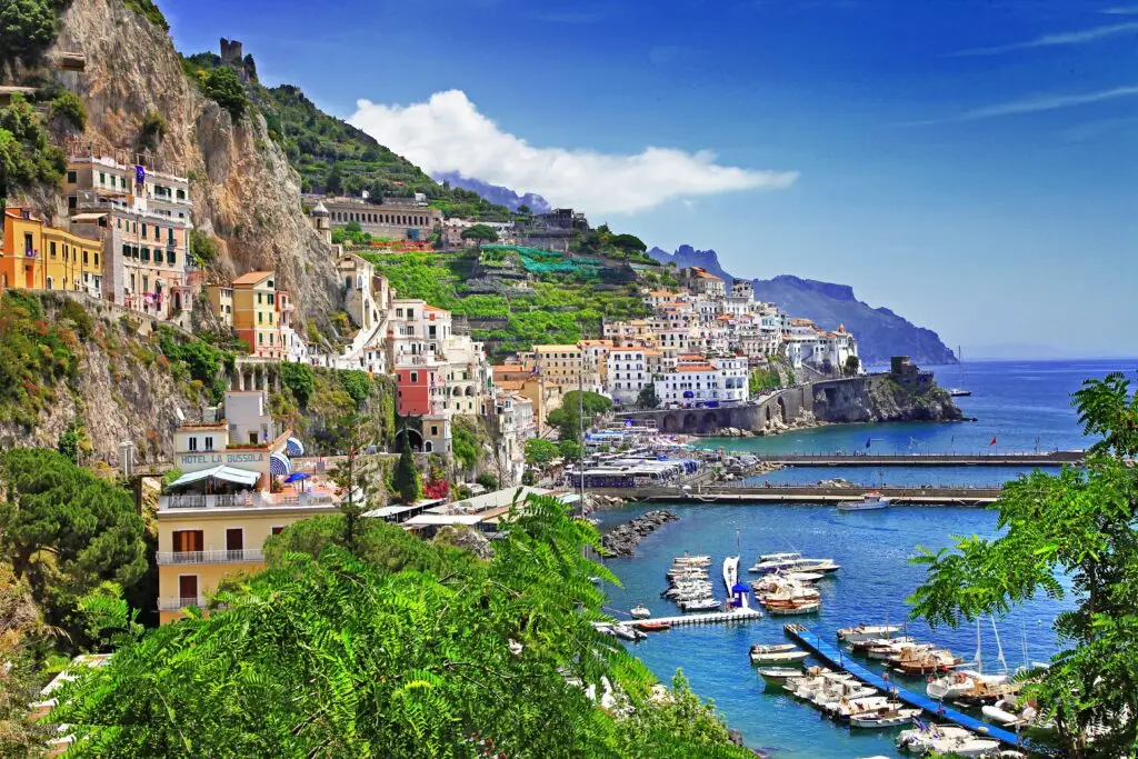 Colourful clifftop village and harbour on the Amalfi Coast