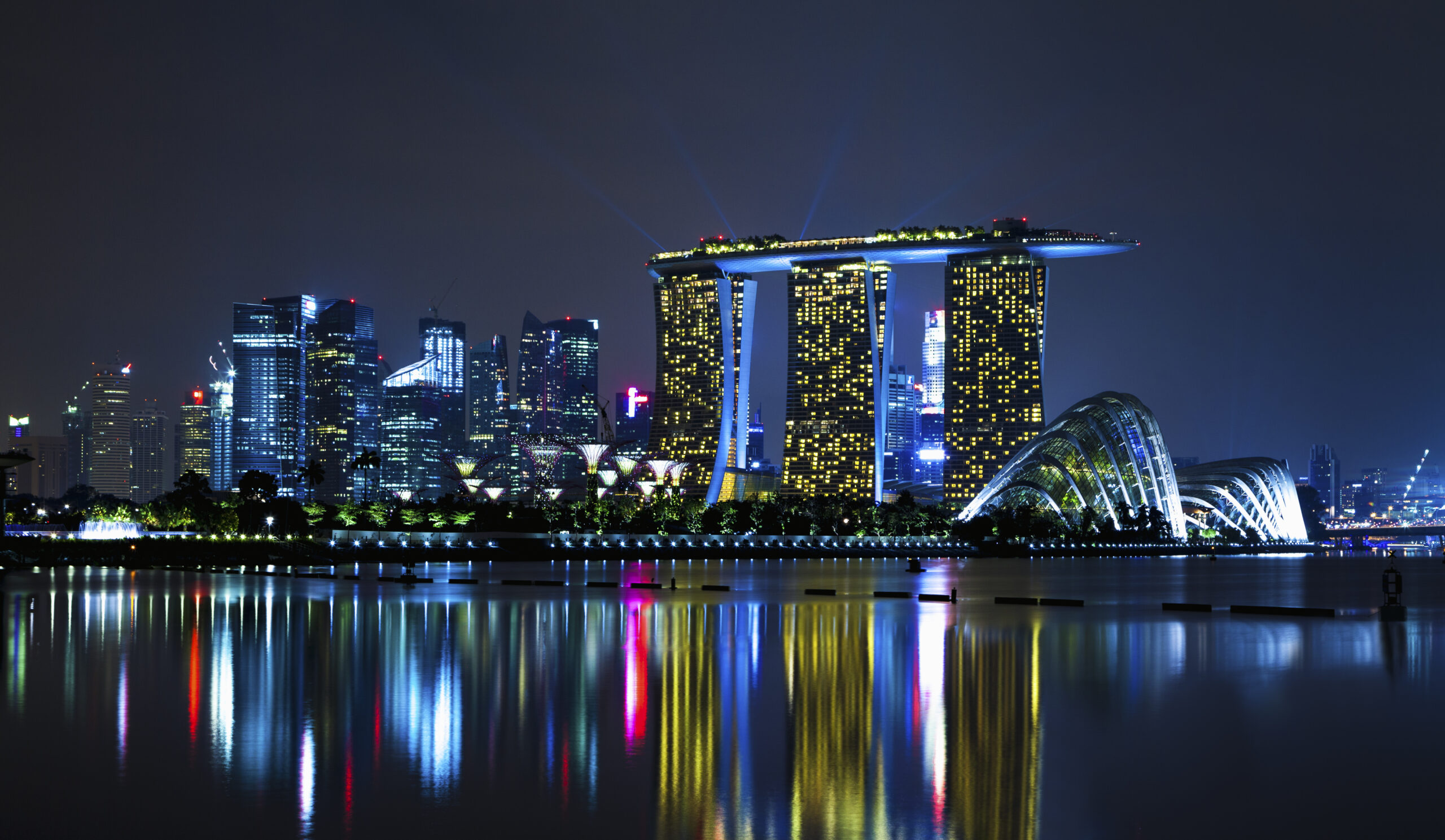 Singapore skyline and Gardens by the Bay at night